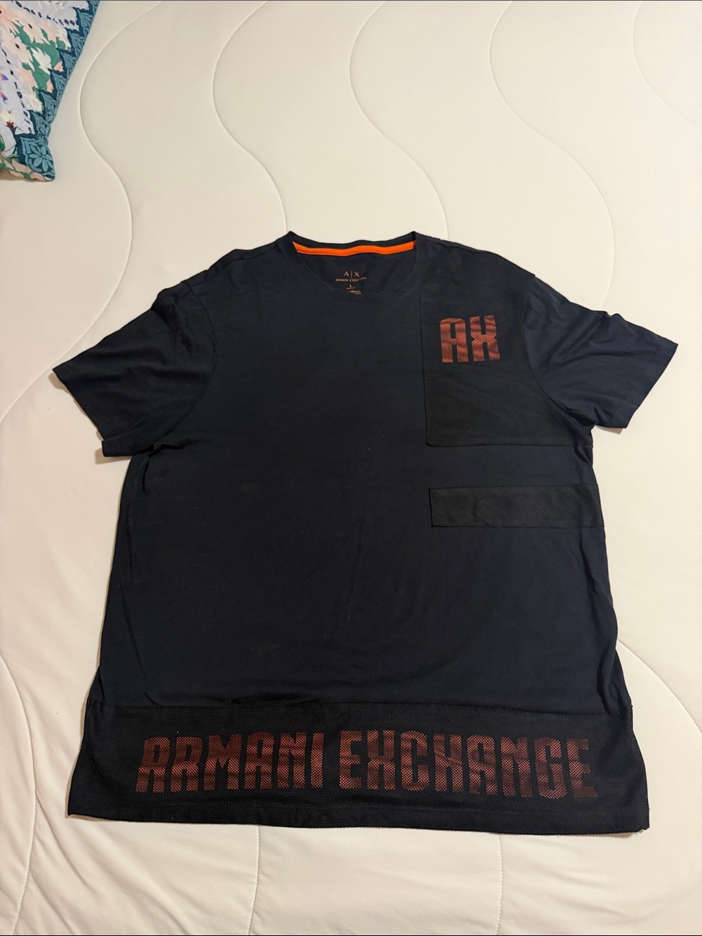 Armani Exchange Men’s Black & Orange Logo Pocket T‑Shirt